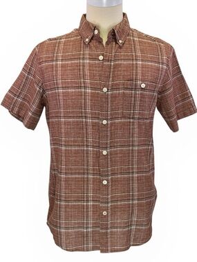 Weatherproof Vintage Men's Linen Blend Rust Plaid Shirt Short Sleeve Size M